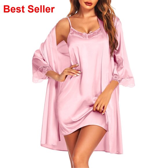 Satin Nightgown Robe Set Lace Trim Sleepwear Loungewear Size M
